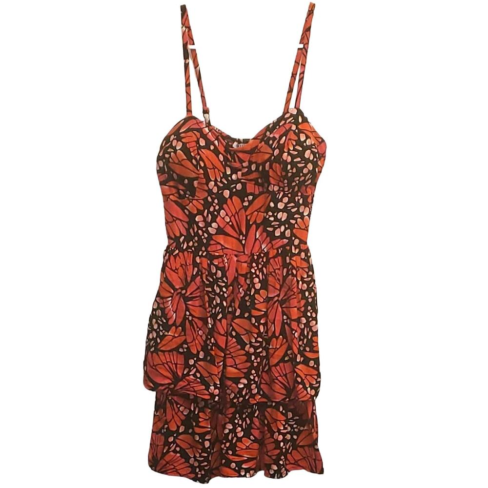 A.U.W. Spaghetti Strap Floral Tiered Black Pink Red Sun Dress Padded Top Small